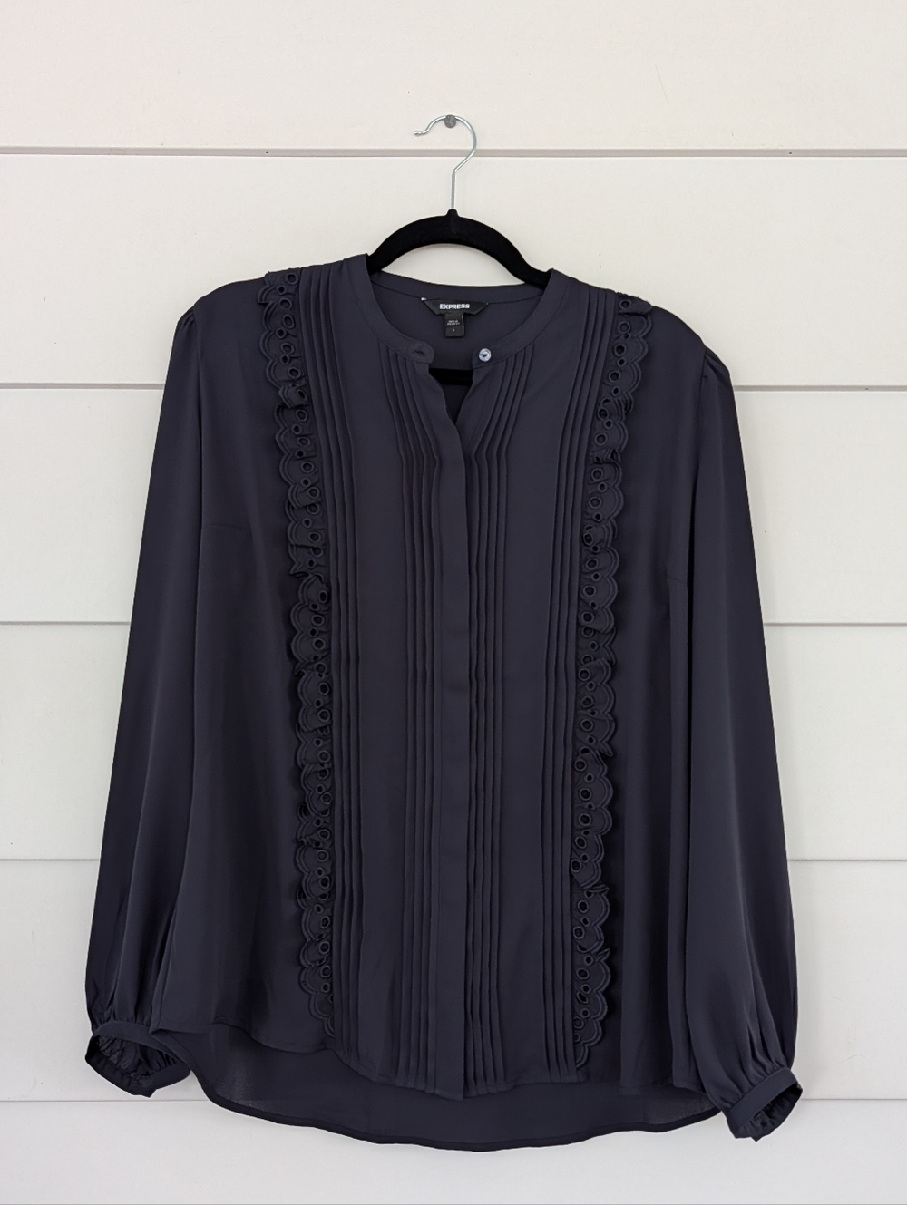 Express Women's Navy Pintuck Lace Trim Blouse, L